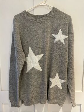 A.N.A. Women’s Cozy Soft Gray Star Pattern Crewneck Sweater Large